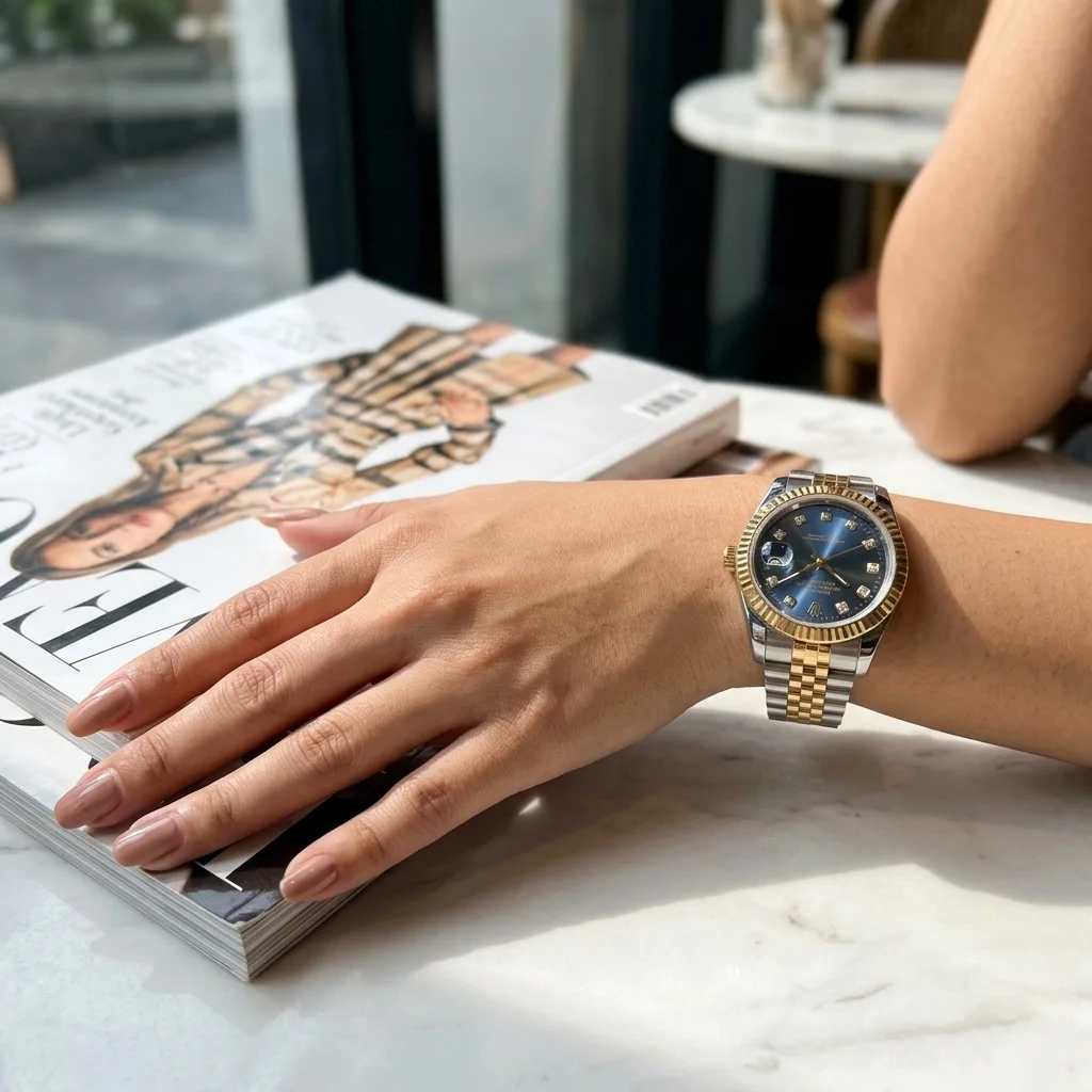 Montre de Luxe pour Femme – Cadran Bleu Royal, Lunette Cannelée et Bracelet Bicolore Doré