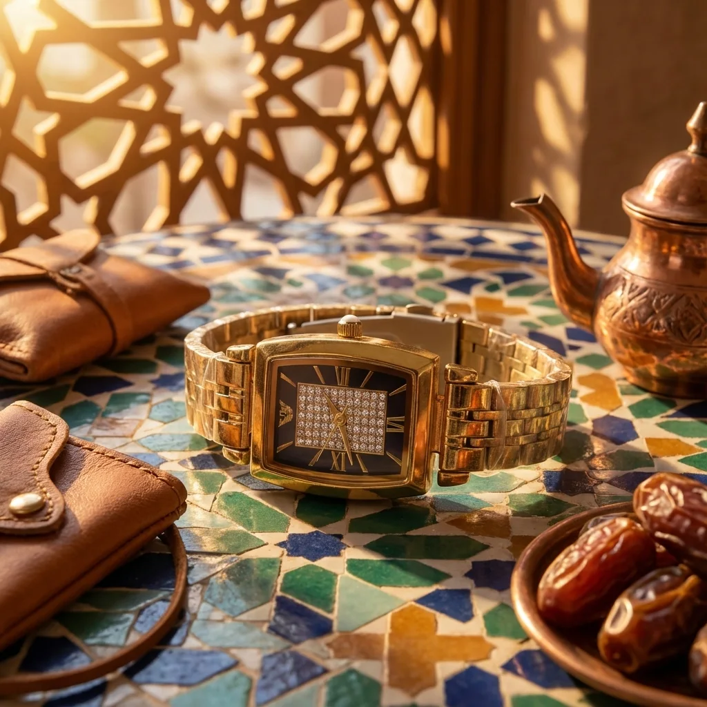 ساعة يد ذهبية فاخرة بوجه مستطيل مرصّع بالألماس
