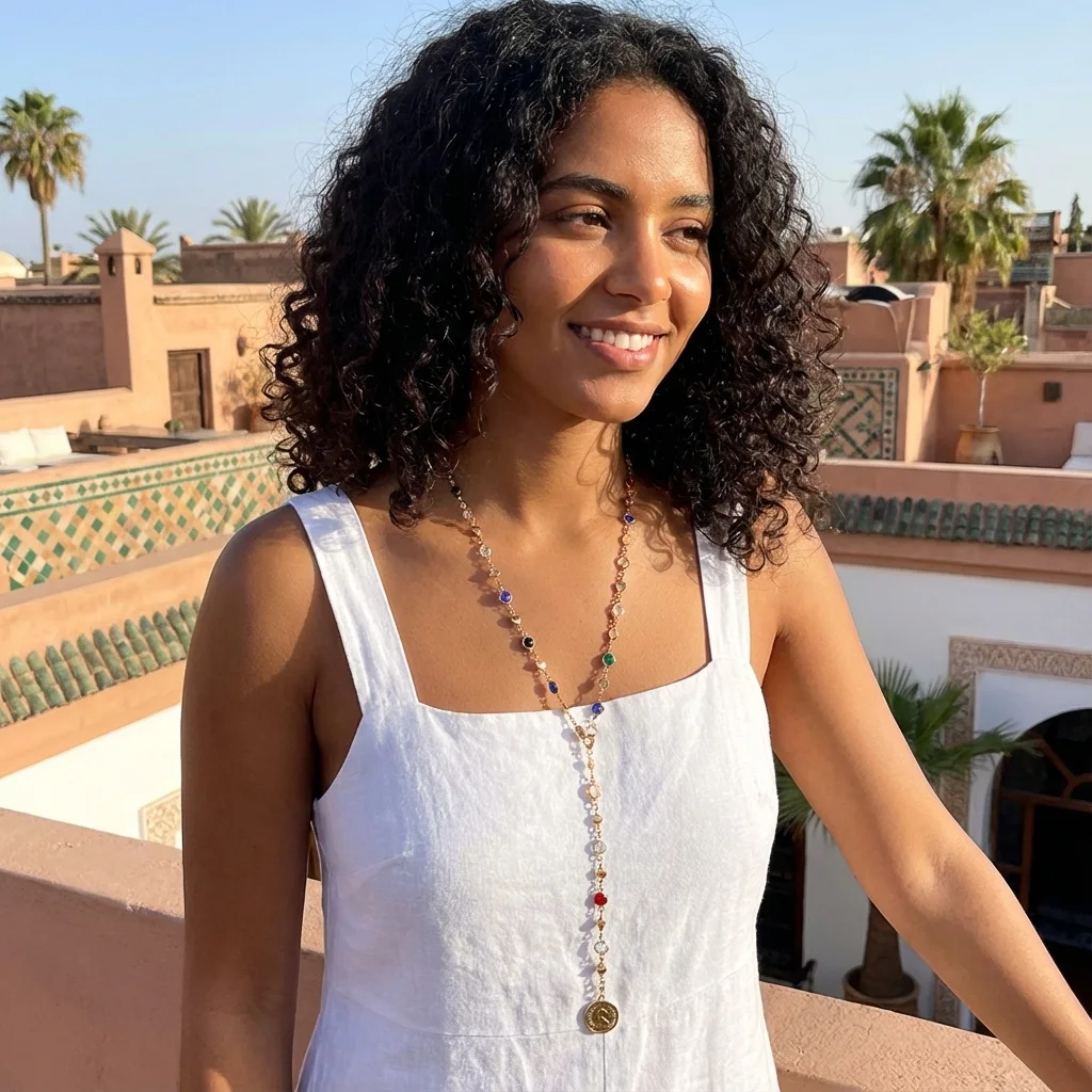 Collier doré avec perles facettées multicolores