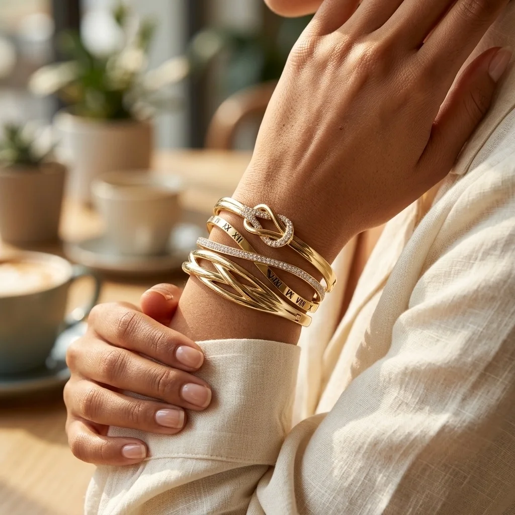 Pack de 3 Bracelets Joncs Dorés – Ensemble Stacking Nœud Marin, Infini Romains & Vagues