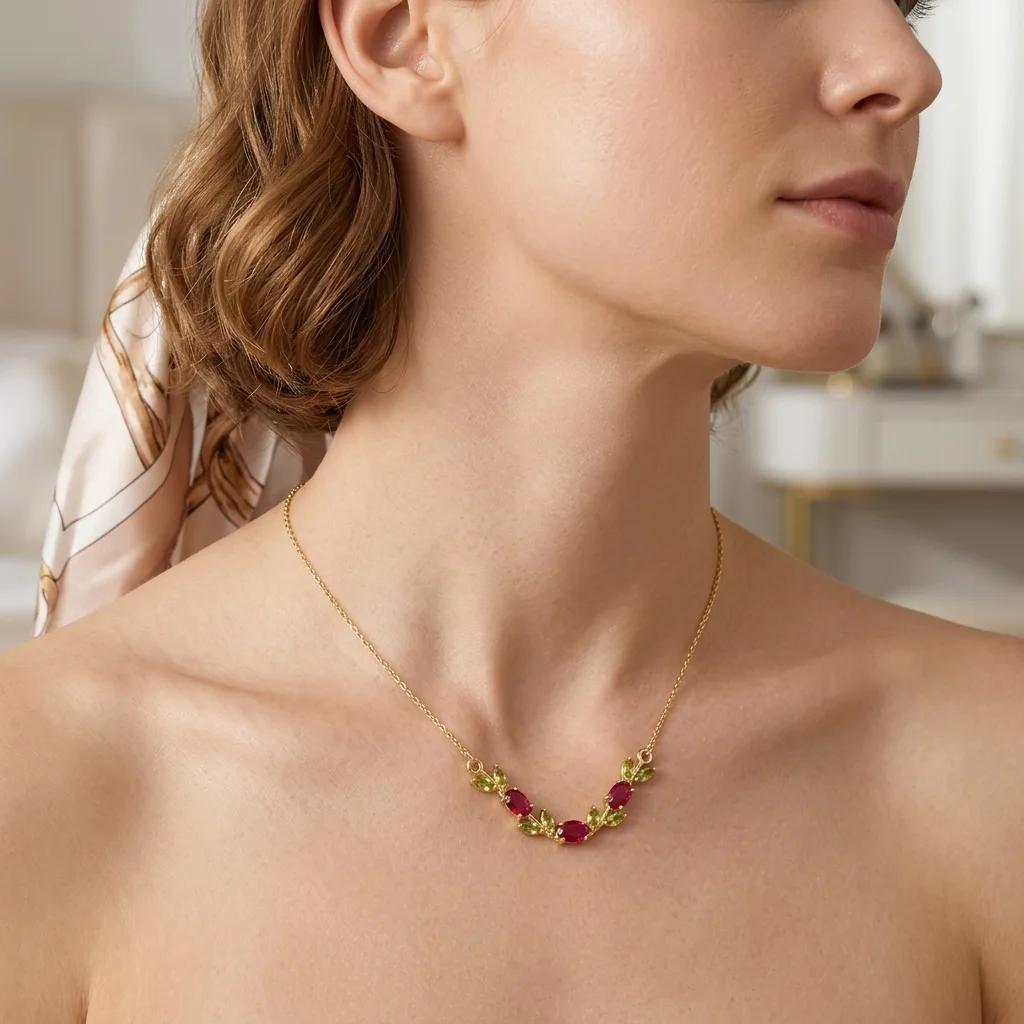Collier Rameau Floral Doré – Motif Guirlande de Feuilles Cristallines & Pierres Facettées