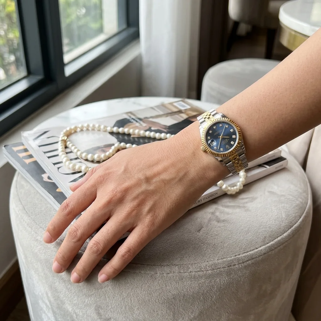 Montre de Luxe pour Femme – Cadran Bleu Royal, Lunette Cannelée et Bracelet Bicolore Doré