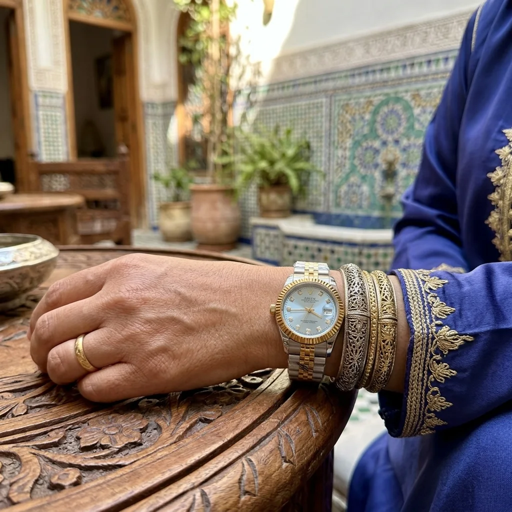 Montre Classique Élégante – Bracelet Bicolore Or et Argent, Index Cristaux avec Dateur