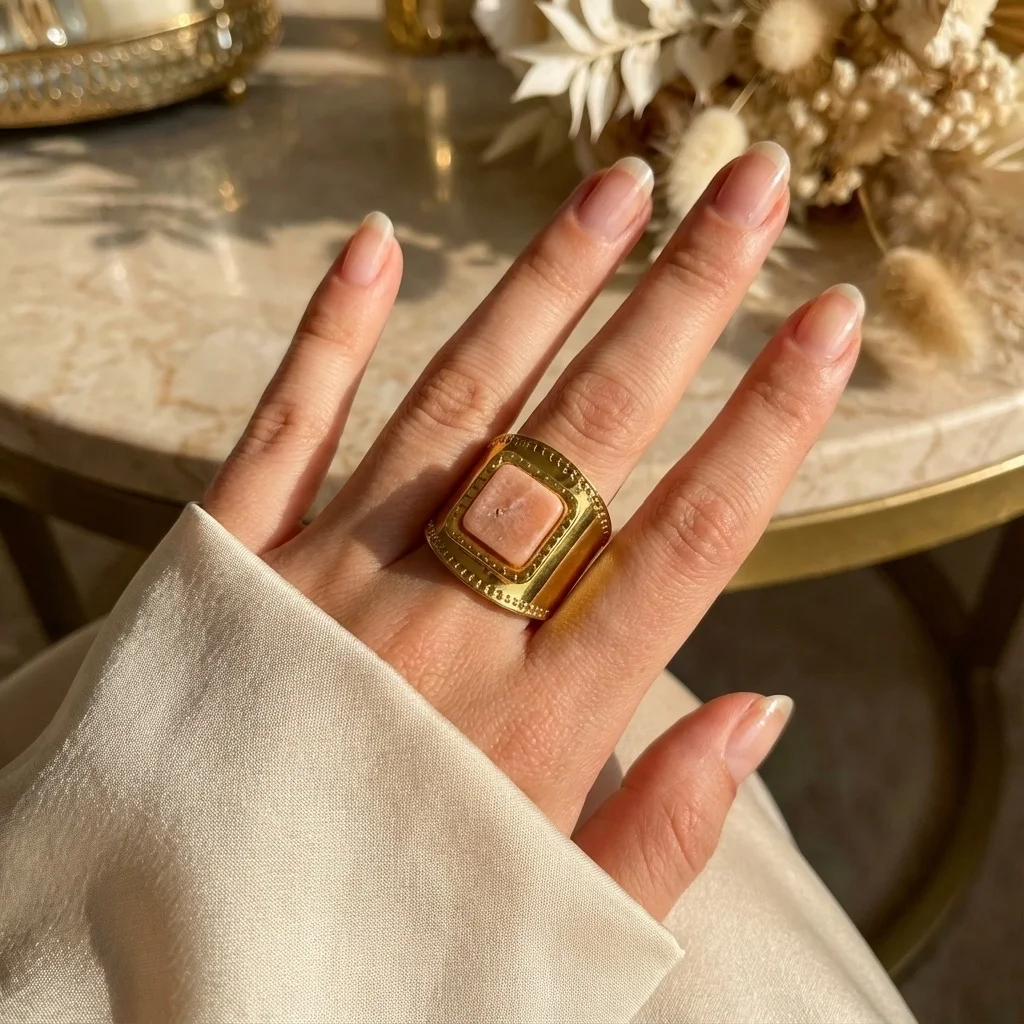 Bague Bandeau en Acier Inoxydable Doré 18k PVD - Cabochon Nude & Liseré Perlé