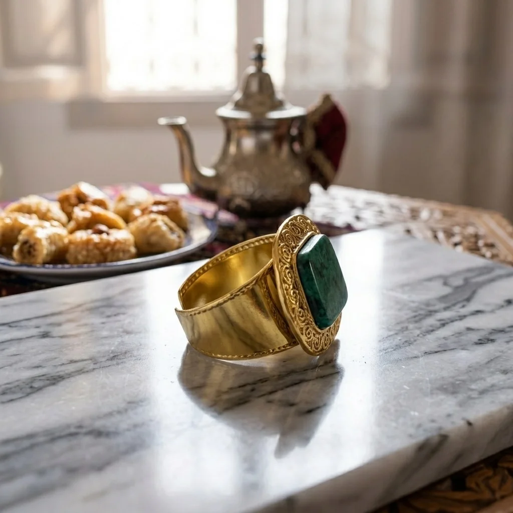 Bague Large Dorée pour Femme – Style Signet Royal avec Pierre Verte Émeraude Ciselée