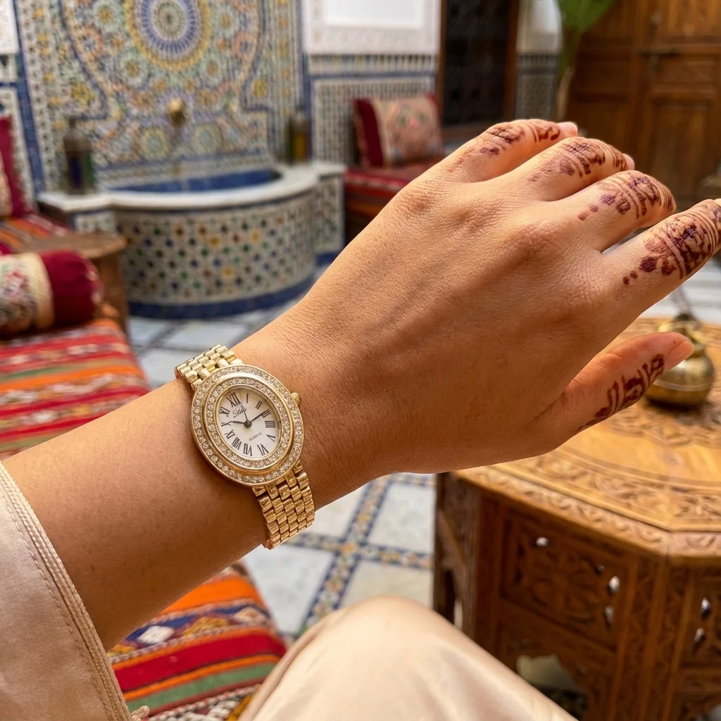 ساعة فاخرة — ذهبية بيضاوية مرصعة بالأحجار اللامعة