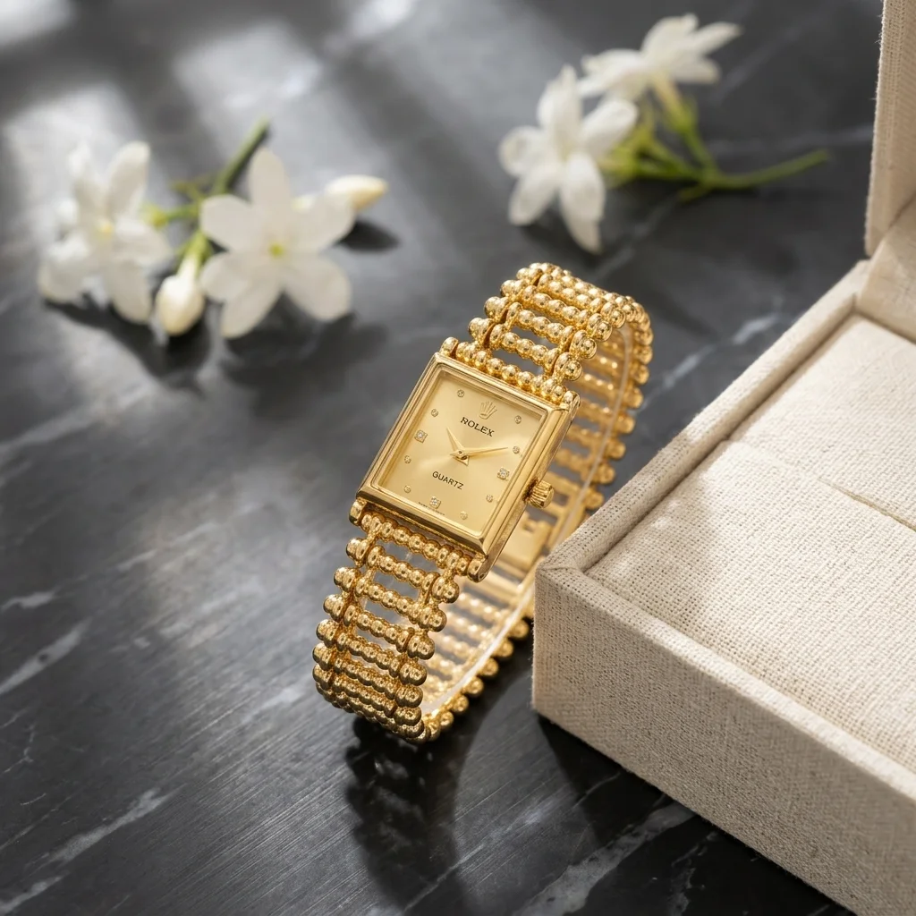 Montre-Bijou Rétro pour Femme – Design Doré Élégant, Style Maillons Perlés.03