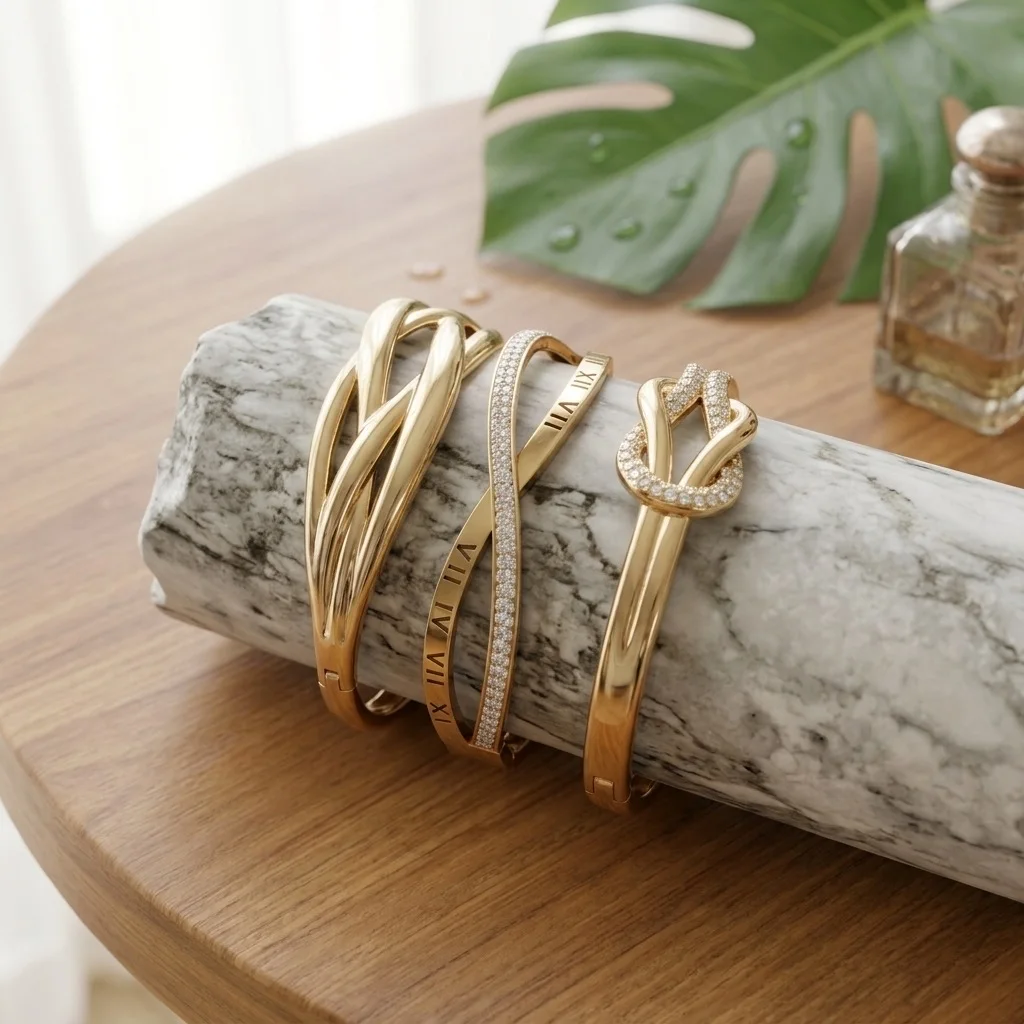 Pack de 3 Bracelets Joncs Dorés – Ensemble Stacking Nœud Marin, Infini Romains & Vagues
