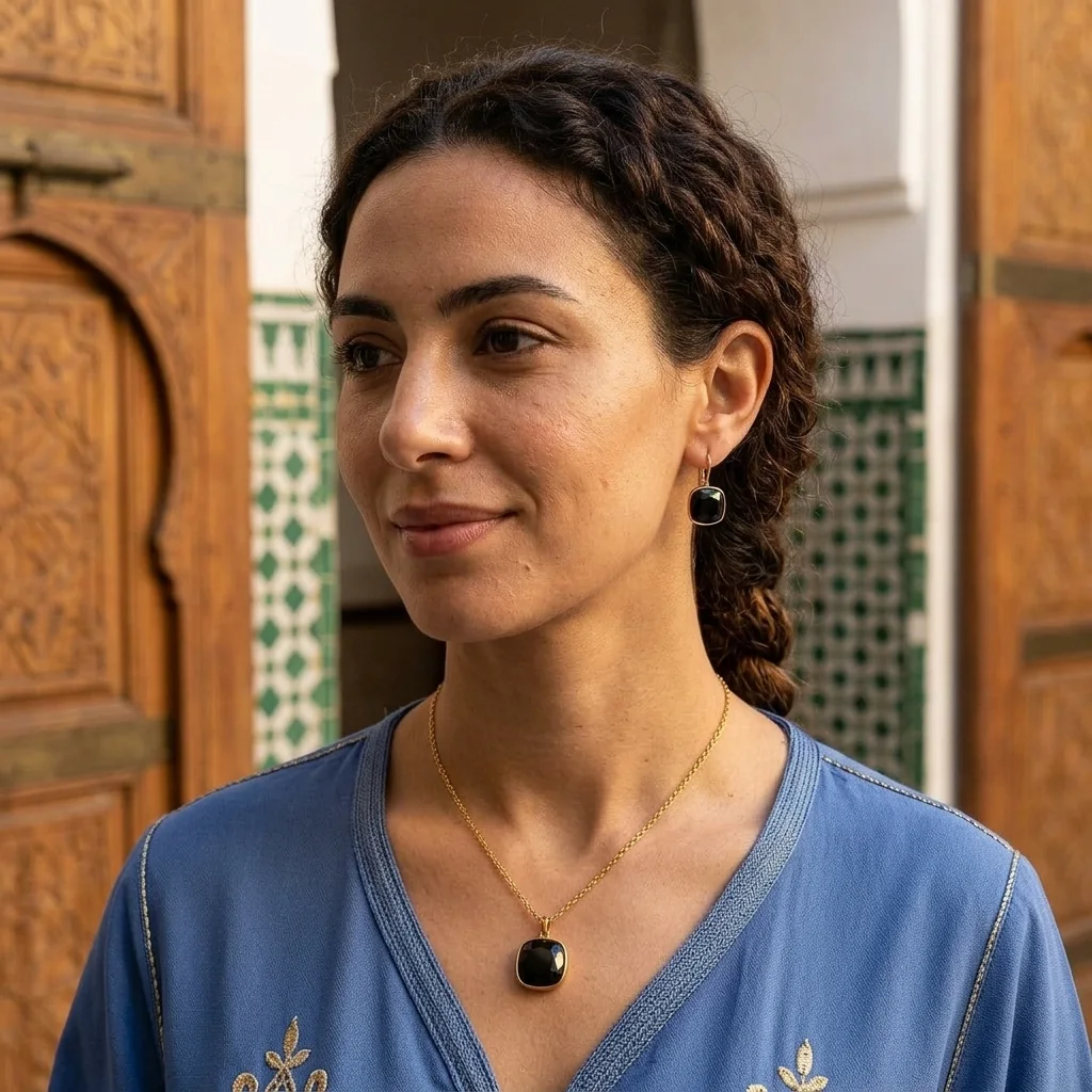 Parure Dorée Haute Qualité – Chaîne et Boucles Pendantes avec Pierre Cristalline Géométrique