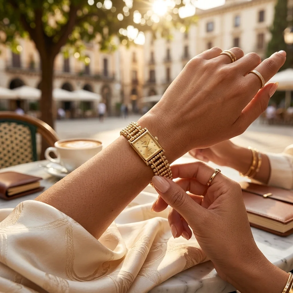 Montre-Bijou Rétro pour Femme – Design Doré Élégant, Style Maillons Perlés.03