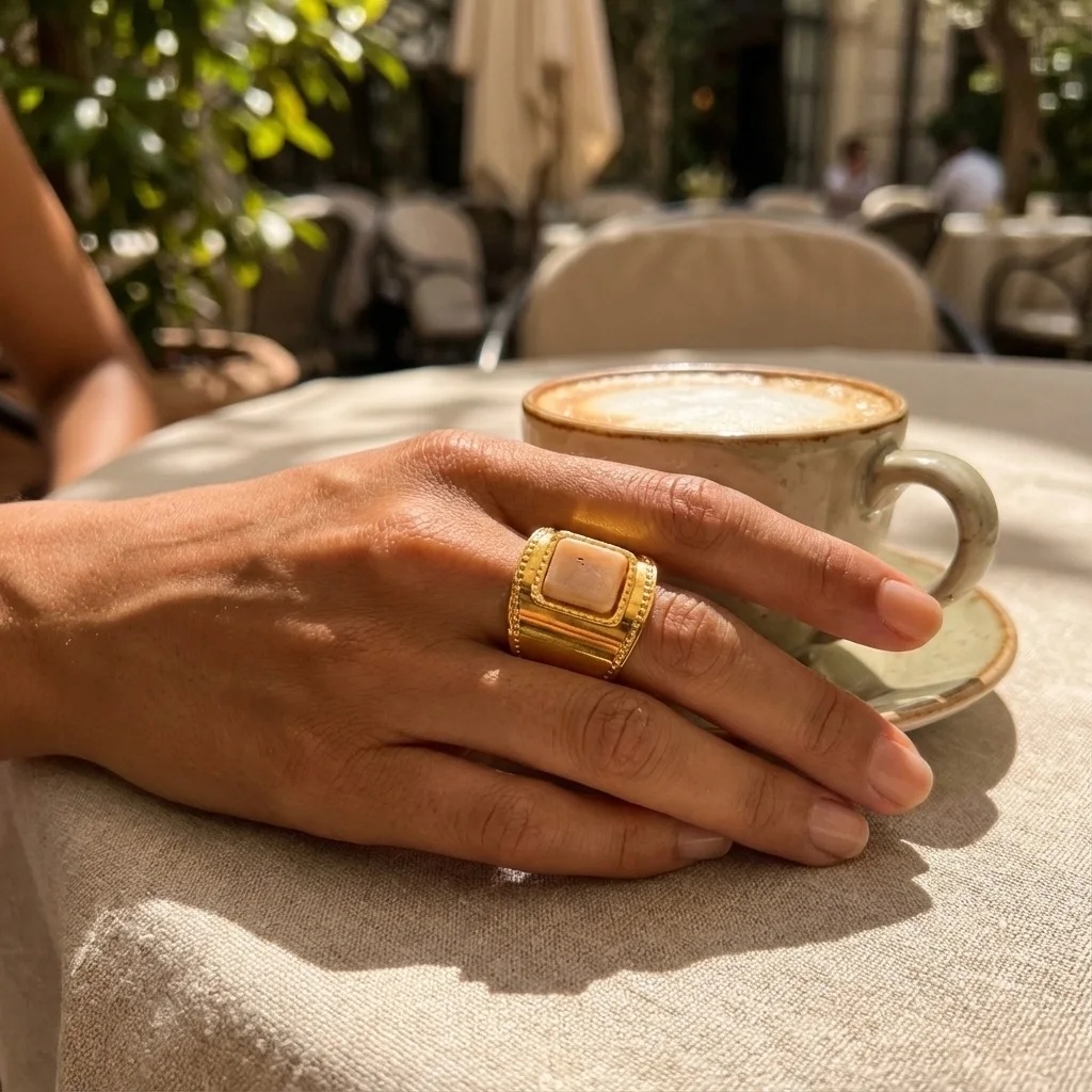 Bague Bandeau en Acier Inoxydable Doré 18k PVD - Cabochon Nude & Liseré Perlé