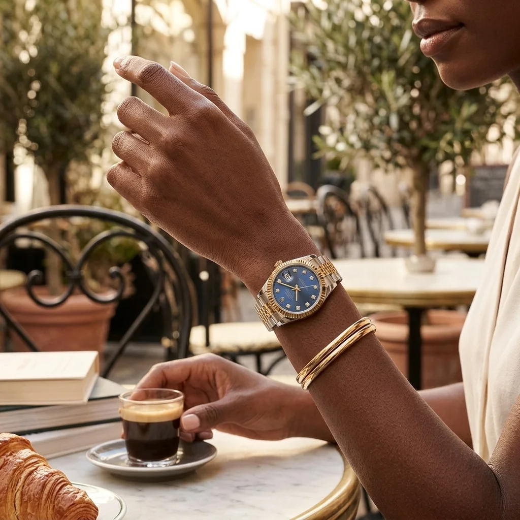 Montre de Luxe pour Femme – Cadran Bleu Royal, Lunette Cannelée et Bracelet Bicolore Doré