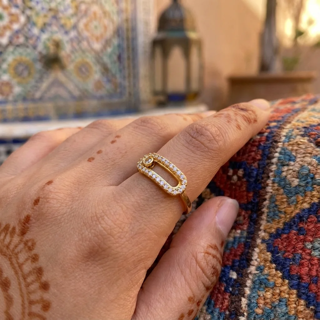 خاتم نسائي مفتوح أنيق مطلي بالذهب الحقيقي بتقنية PVD مع أحجار لامعة