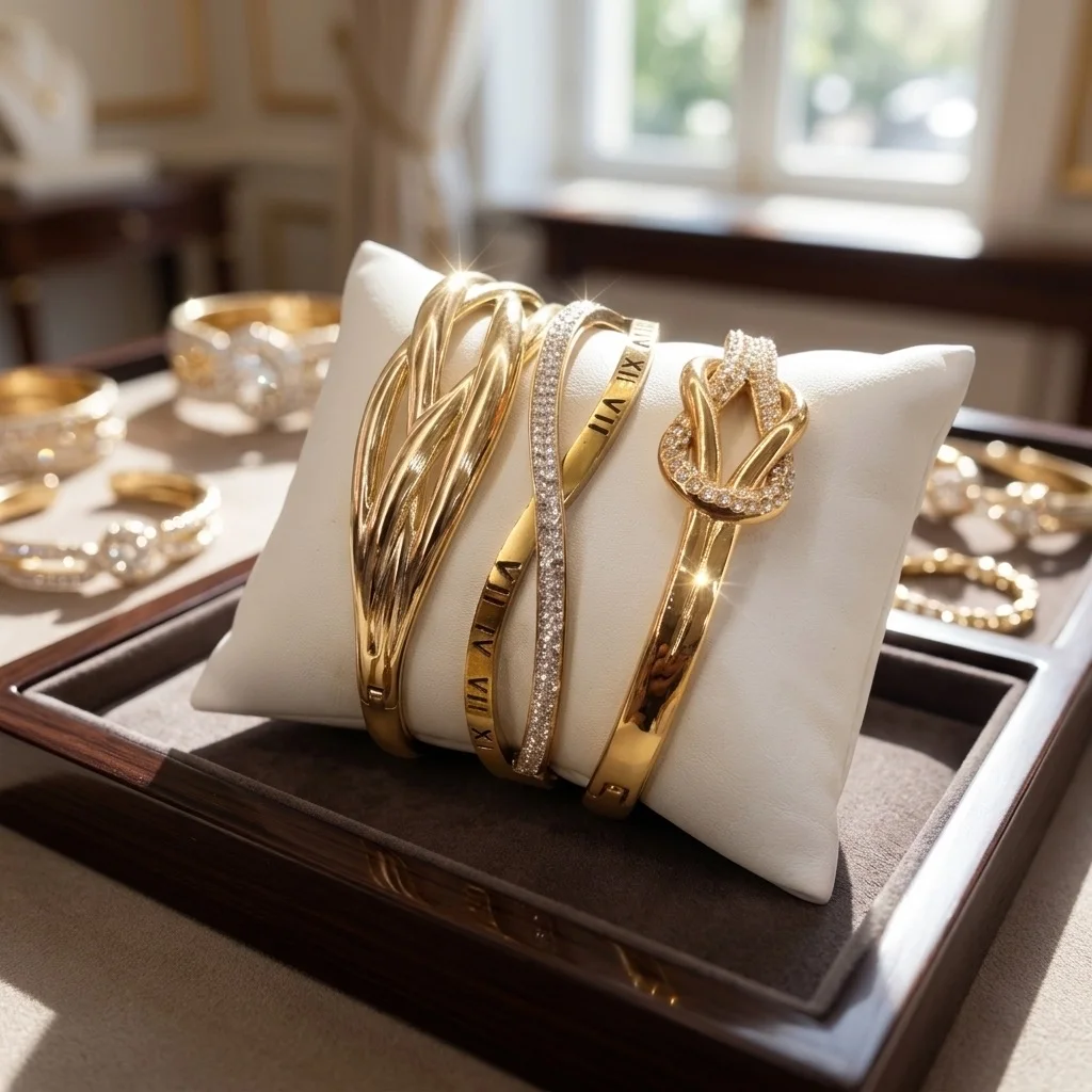 Pack de 3 Bracelets Joncs Dorés – Ensemble Stacking Nœud Marin, Infini Romains & Vagues