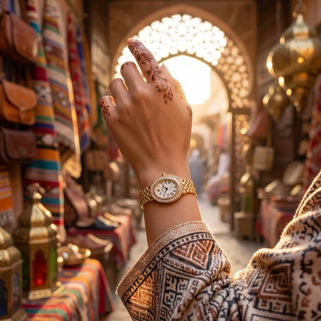 ساعة فاخرة — ذهبية بيضاوية مرصعة بالأحجار اللامعة
