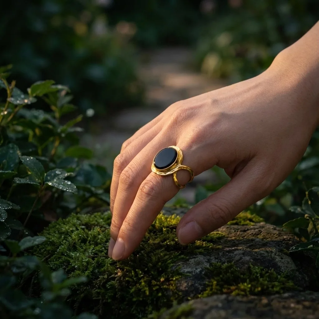 Bague Graphique Dorée – Anneau Ajustable avec Médaillon Noir Intense