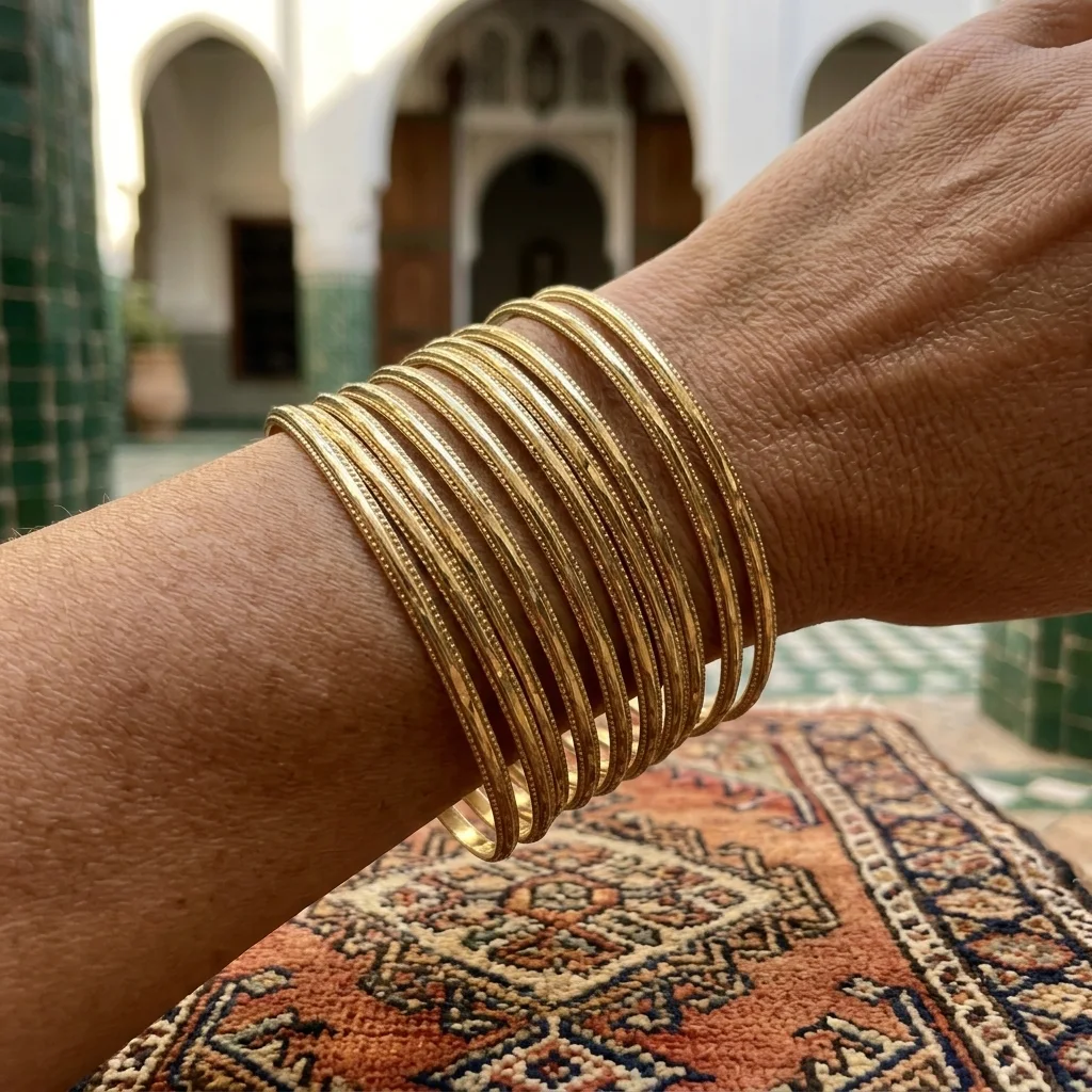 Set de 7 Bracelets Joncs Fins à Relief Perlé – Finition Or Éclatant