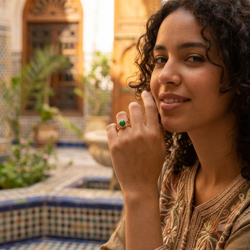 خاتم ذهبي بحجر أخضر فاخر – إشراقة أنيقة من Misk & Glow