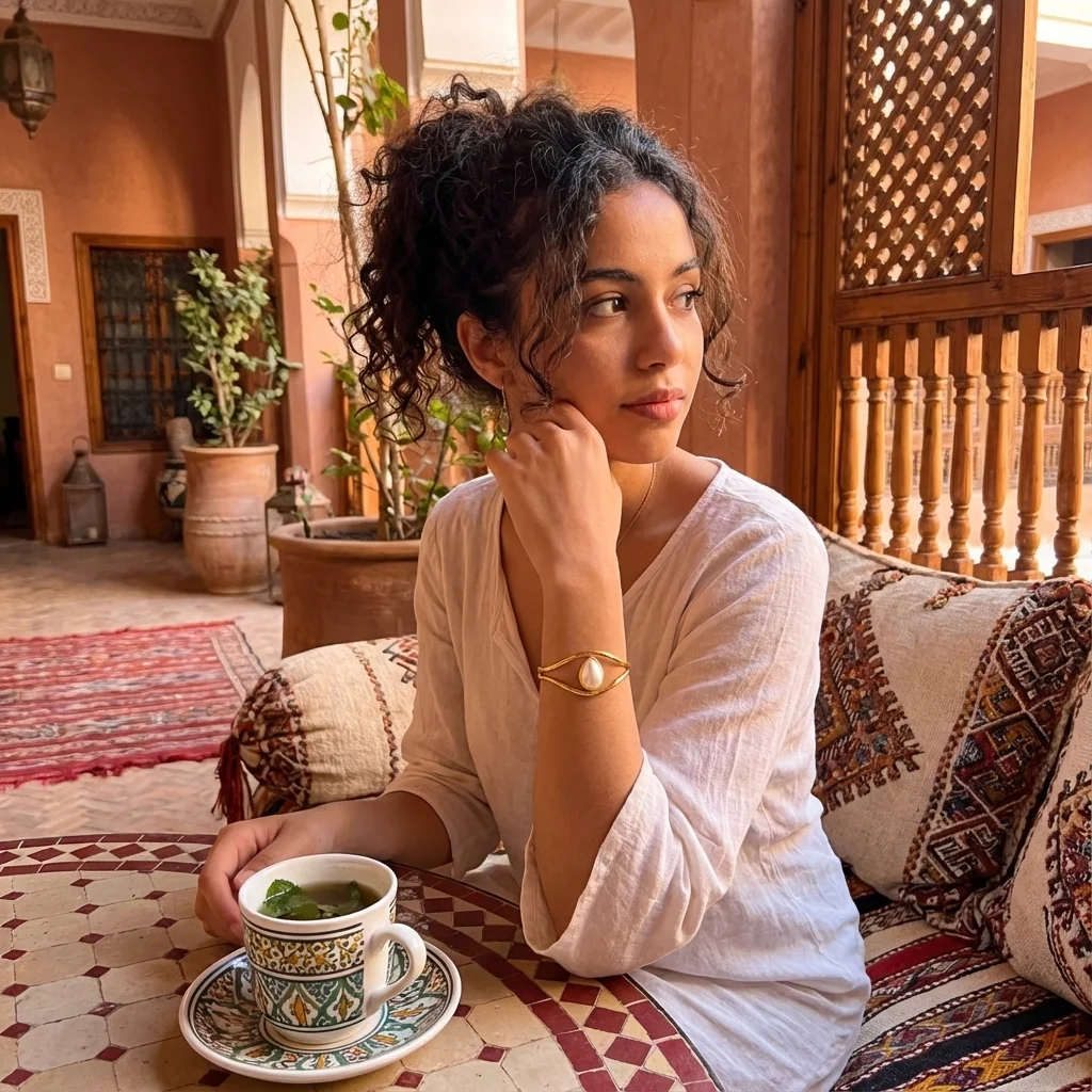 سوار ذهبي بلؤلؤة بيضاء  – أناقة شاعرية