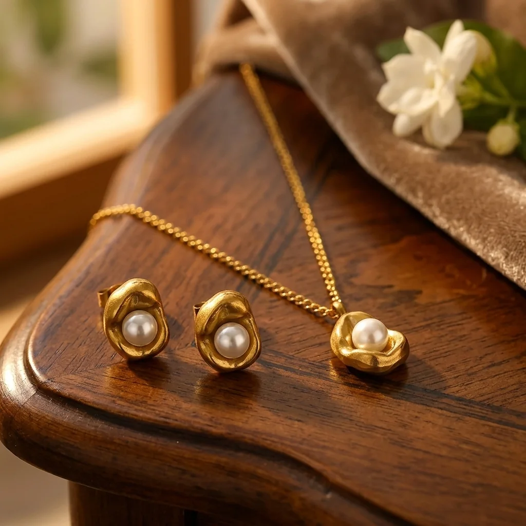 ** Disponible bientôt** Set de Bijoux Design Organique Doré à l'Or Fin et Perles Nacrées