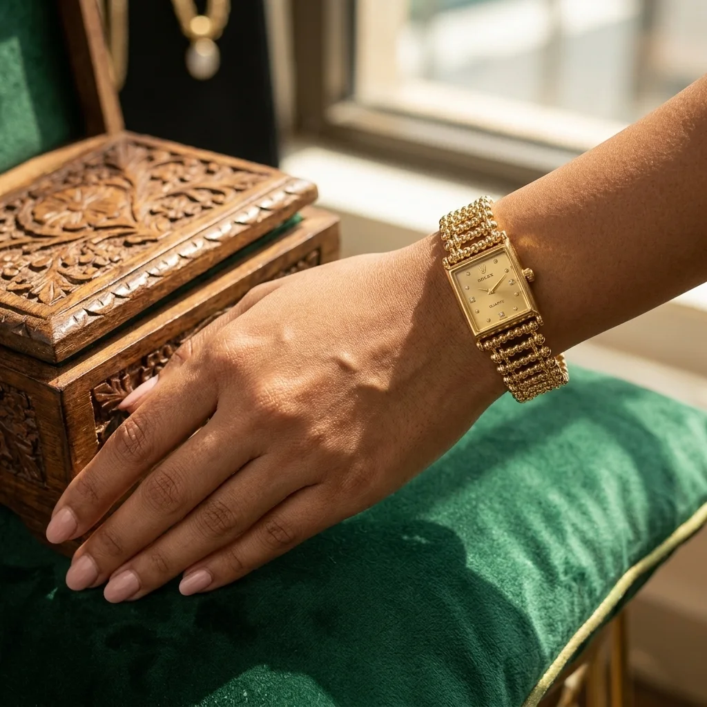Montre-Bijou Rétro pour Femme – Design Doré Élégant, Style Maillons Perlés.03