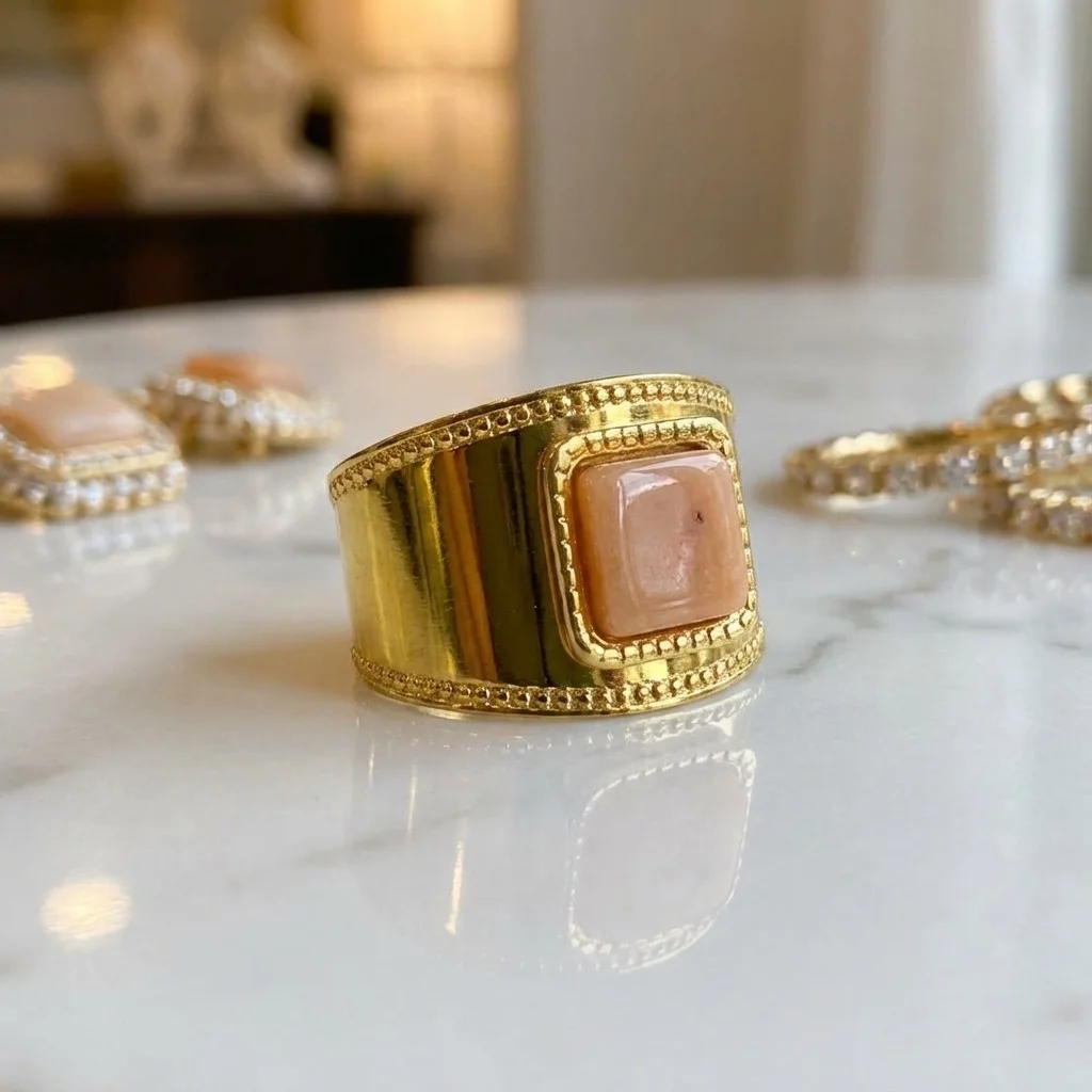 Bague Bandeau en Acier Inoxydable Doré 18k PVD - Cabochon Nude & Liseré Perlé