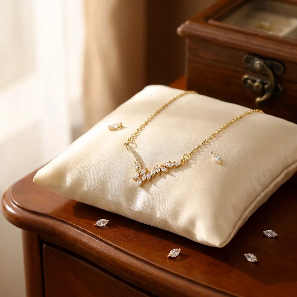 Collier Délicat en V pour Femme – Chaîne Dorée avec Feuillage en Cristaux Navette
