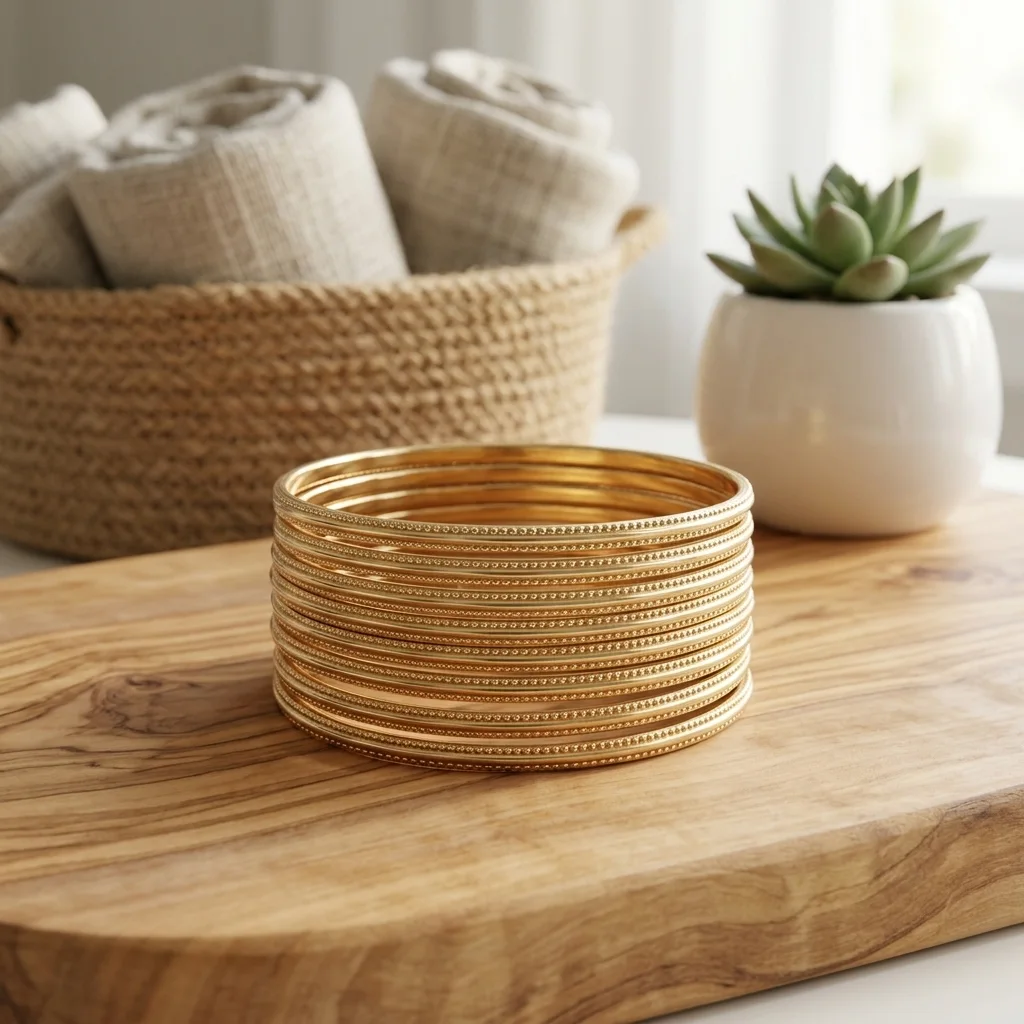 Set de 7 Bracelets Joncs Fins à Relief Perlé – Finition Or Éclatant