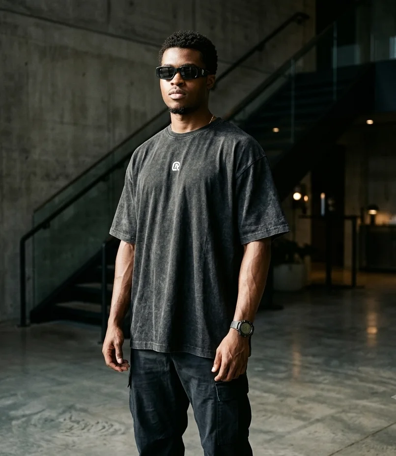 OUTRANK OVERSIZED ACID WASH BLACK T-SHIRT