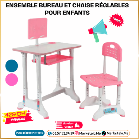 Ensemble bureau et chaise réglables pour enfants en bois