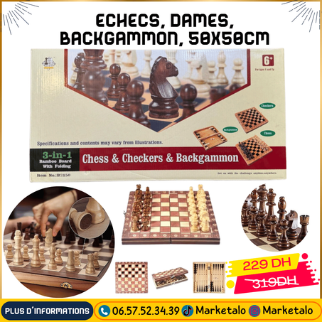 echecs, dames, backgammon, 50x50cm