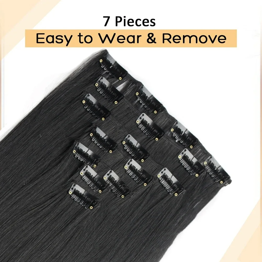 7 pièces/ensemble 16 Clips Extension de cheveux noir longue droite cheveux naturels Ombre postiche fibre résistante à la chaleur pour les femmes coiffure