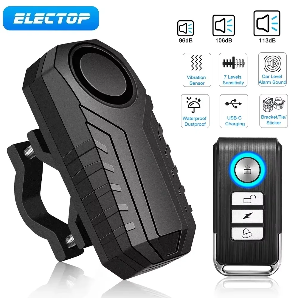 ELECTOP alarme de vélo 113dB antivol sans fil Vibration télécommande vélo moto alarmes maison Protection de sécurité extérieure