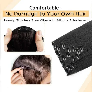 7 pièces/ensemble 16 Clips Extension de cheveux noir longue droite cheveux naturels Ombre postiche fibre résistante à la chaleur pour les femmes coiffure