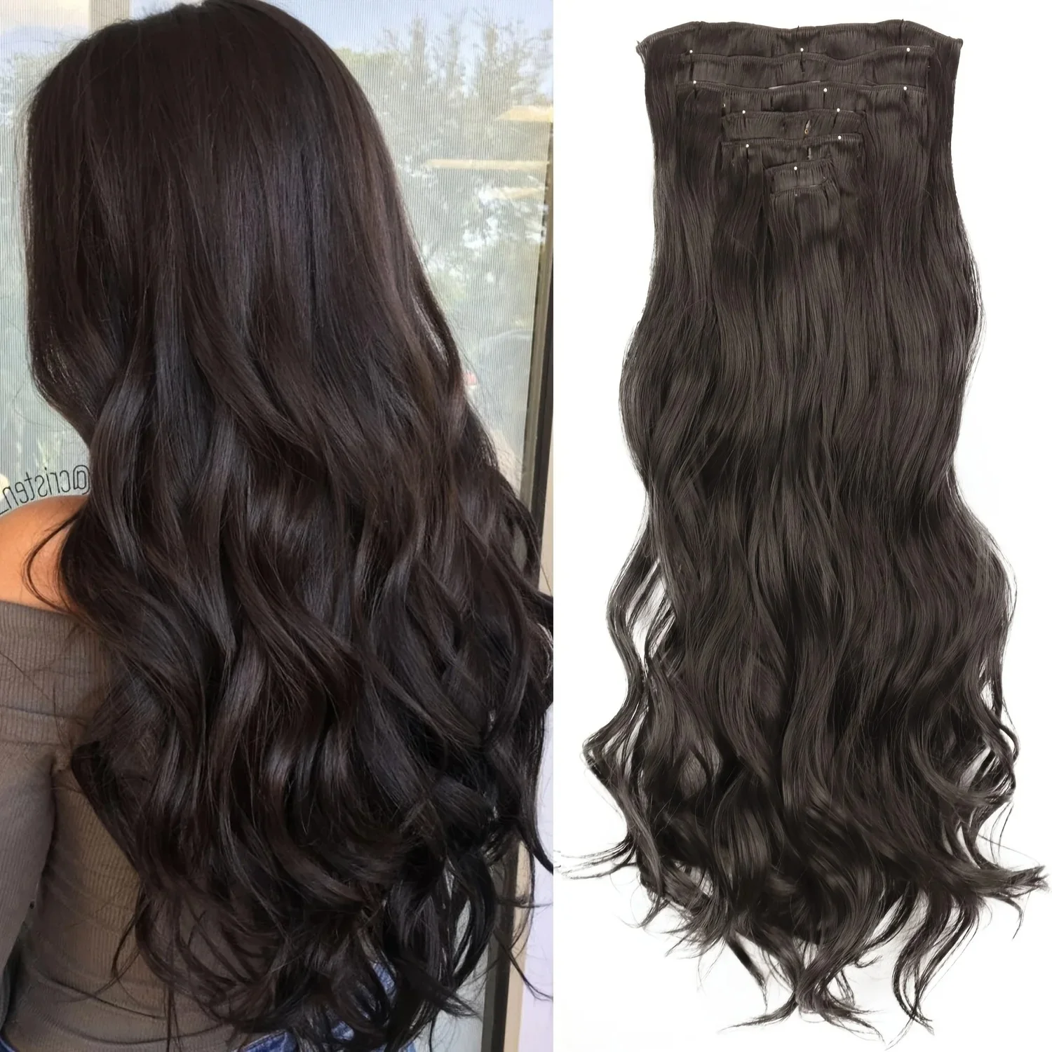 7 pièces/ensemble 16 Clips Extension de cheveux noir longue droite cheveux naturels Ombre postiche fibre résistante à la chaleur pour les femmes coiffure