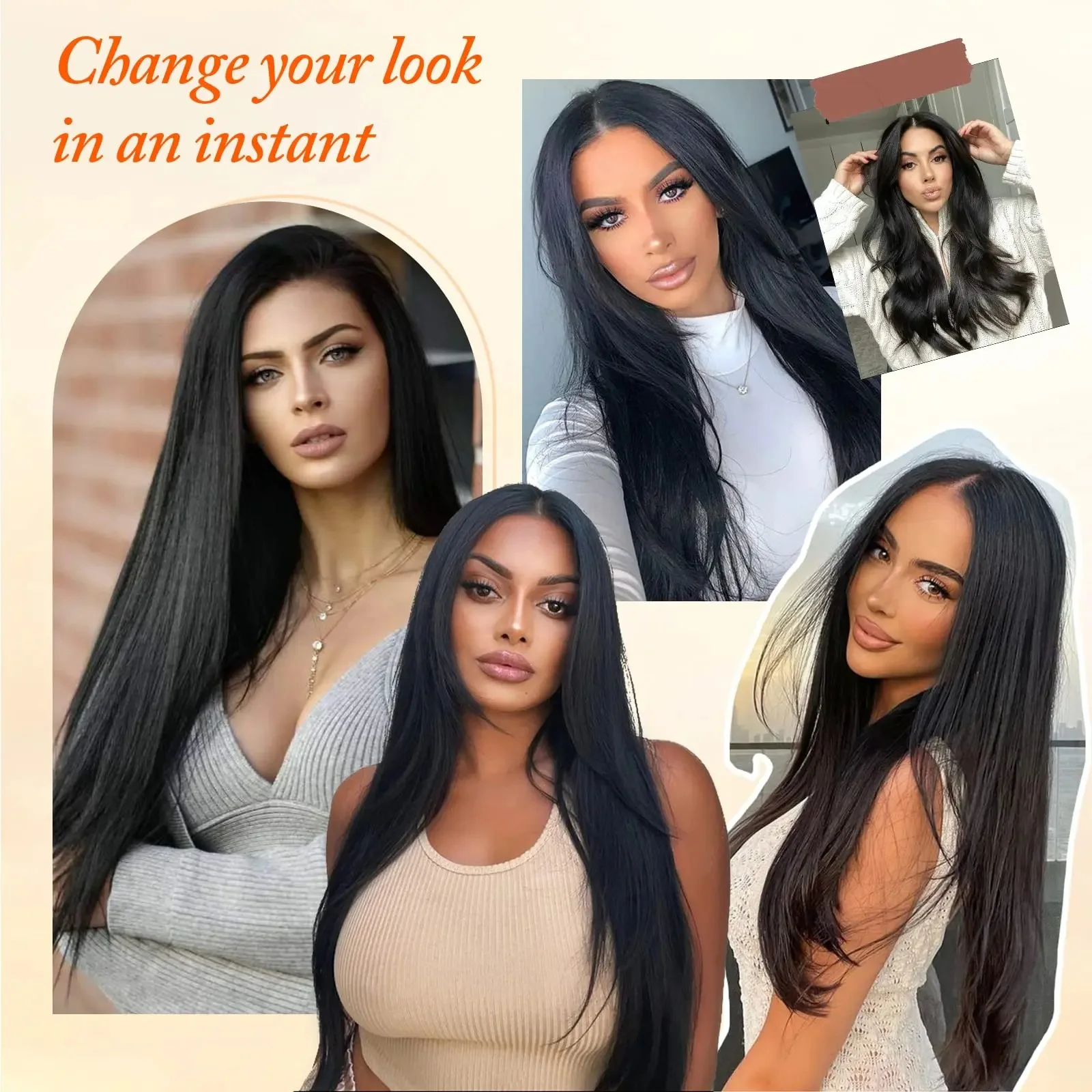 7 pièces/ensemble 16 Clips Extension de cheveux noir longue droite cheveux naturels Ombre postiche fibre résistante à la chaleur pour les femmes coiffure
