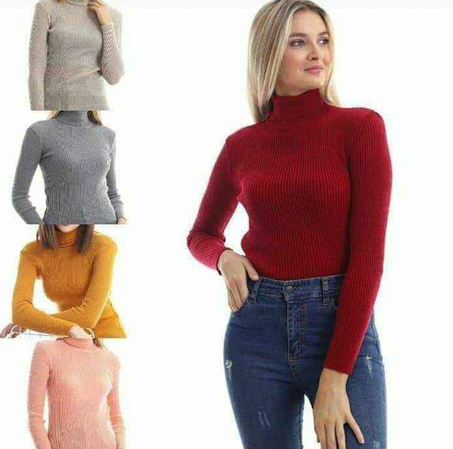 1 Paquet (Blanc+Noir+Gris)  Pull tricoté à manches longues et col roulé pour femme