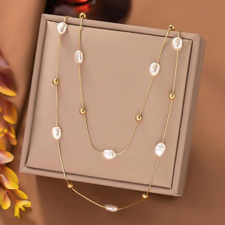 Yupsk 316L الفولاذ المقاوم للصدأ طبقة مزدوجة اللؤلؤ المختنق قلادة للنساء 2in1 سلاسل القلائد مجوهرات الزفاف حفلات الزفاف