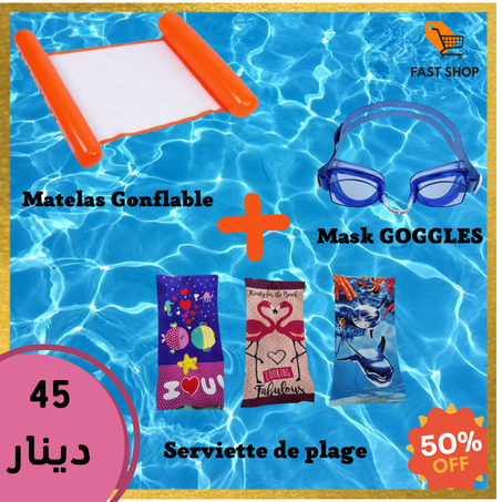 Pack d'été ( Matelas Gonflable + Mask GOGGLES + Serviette de plage)