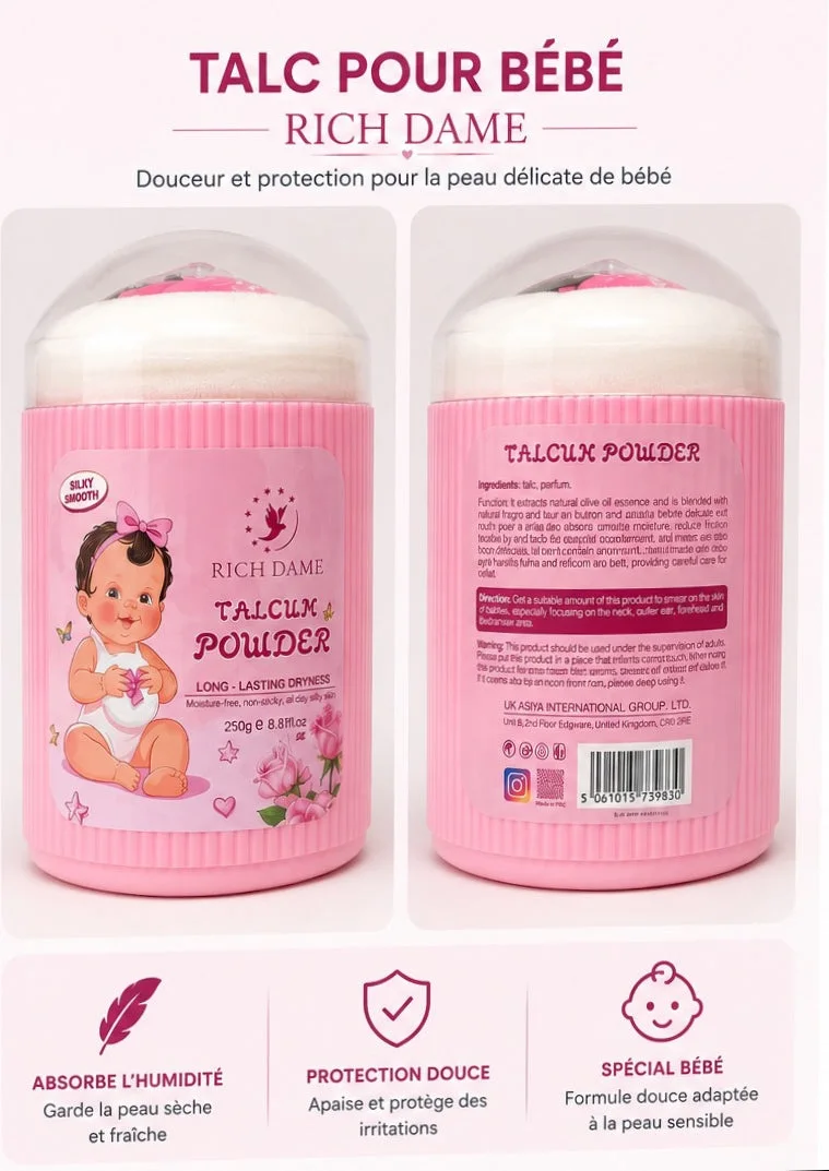Rich Dame Poudre de Talc Parfumée à la Rose avec Houppette 250g