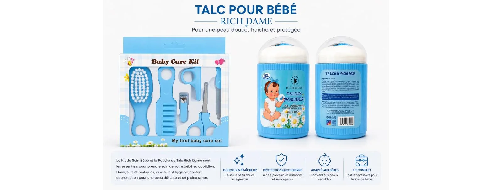 Coffret Talc pour Bébé 250g & Kit de Soin avec 6 Accessoires