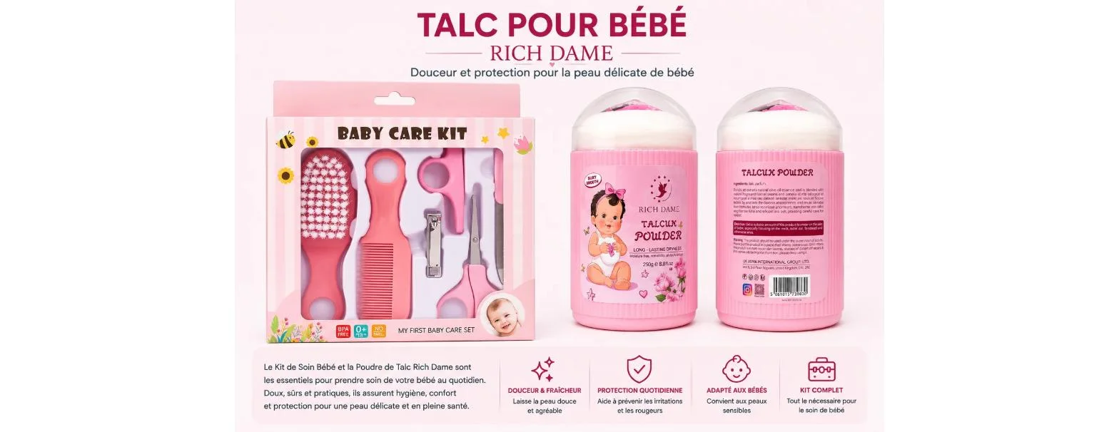 Coffret Talc pour Bébé 250g & Kit de Soin avec 6 Accessoires