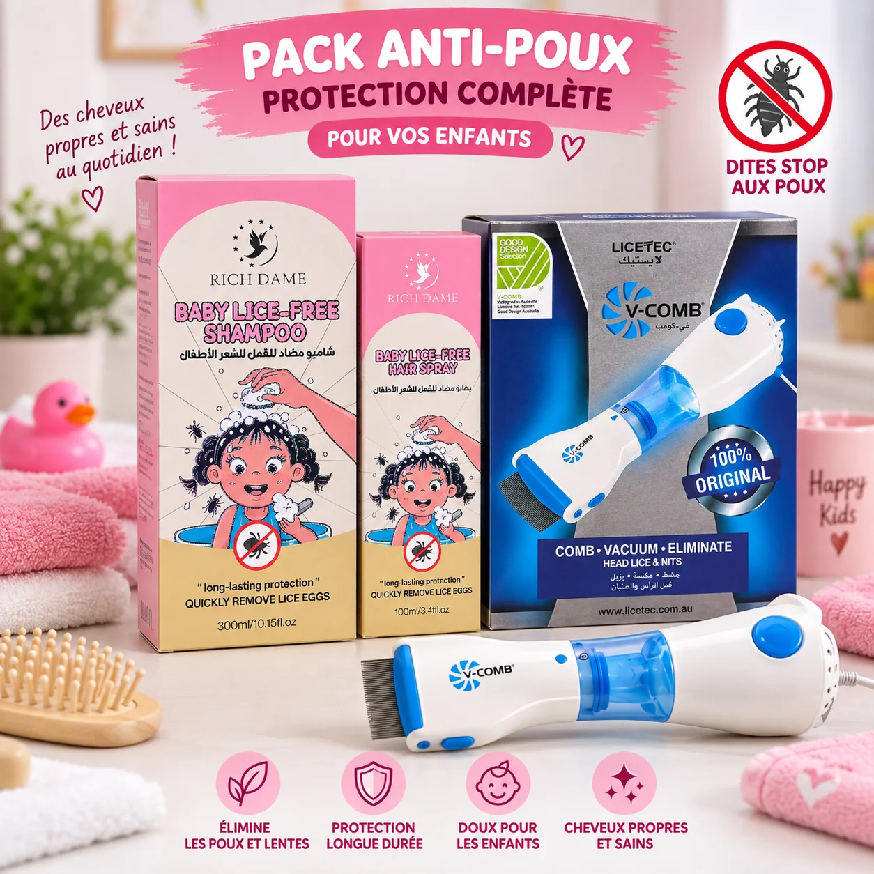 Pack Anti-Poux Enfant : Shampooing, Spray & Peigne Électrique V-COMB