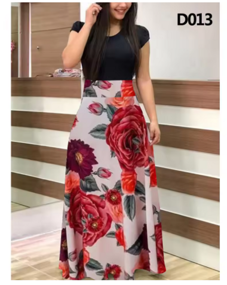 فستان ماكسي نسائي صيفي للخروجات اليومية مطبوع بأكمام قصيرة وفتحة رقبة مستديرة فستان رداء Ropa De Mujer ملابس مثيرة للنوادي الليلية للسيدات