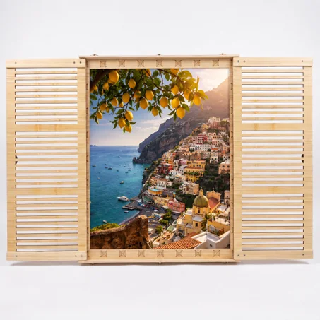 Amalfi Coast Faux Window, 18" 24", Real Ash Wood, Openable Shutters.