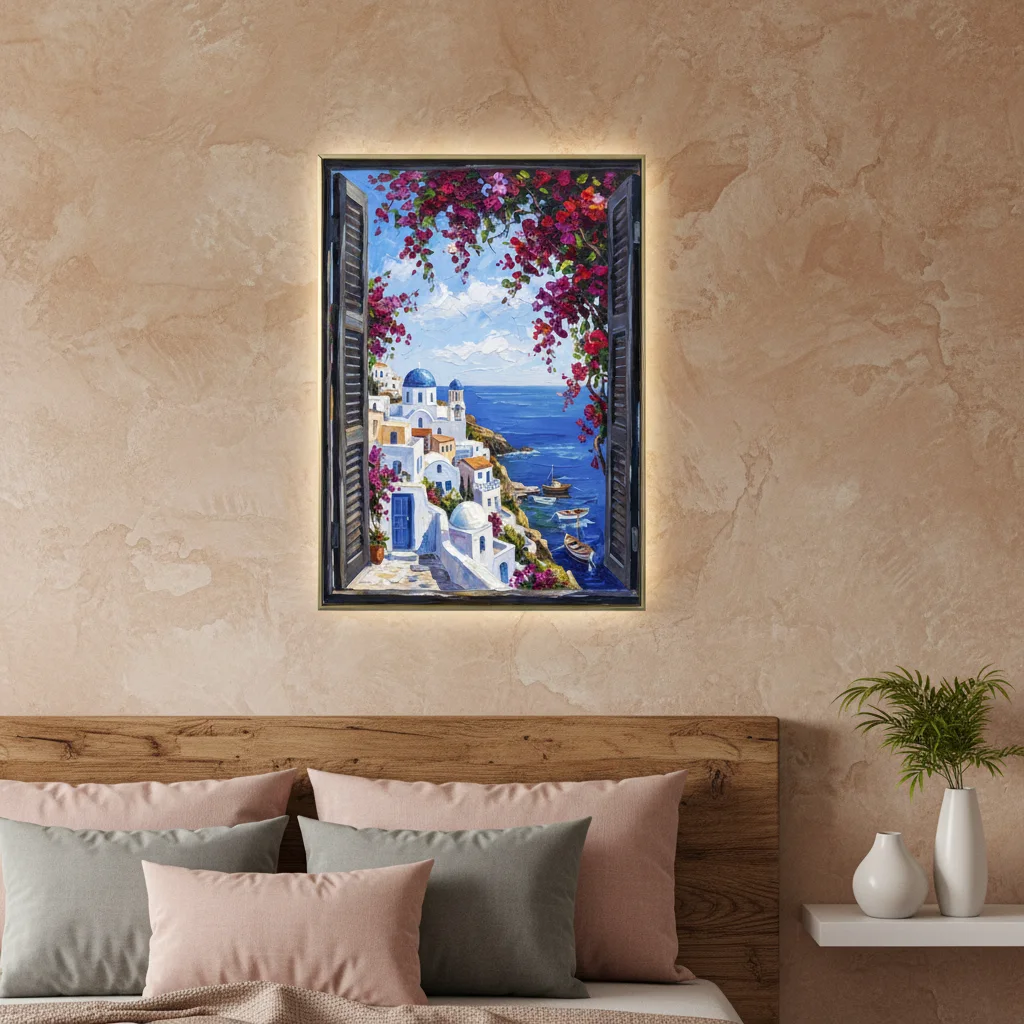 Greek Island White Village - Palette Knife Oil Painting Wall Art, Mediterranean Window View, Impasto Printable Home Decor