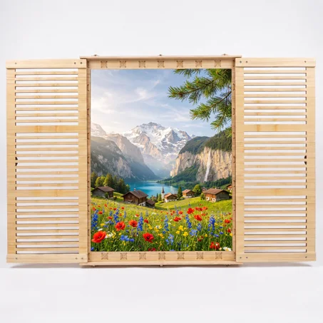 Swiss Alpine Meadow Faux Window, 48×60cm, Real Ash Wood, Openable Shutters