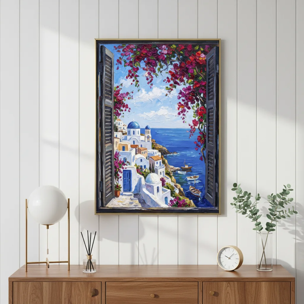 Greek Island White Village - Palette Knife Oil Painting Wall Art, Mediterranean Window View, Impasto Printable Home Decor