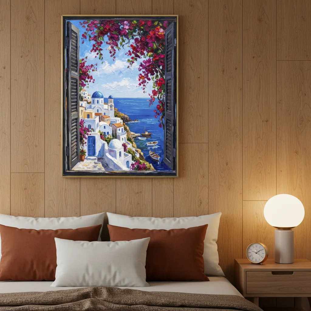 Greek Island White Village - Palette Knife Oil Painting Wall Art, Mediterranean Window View, Impasto Printable Home Decor