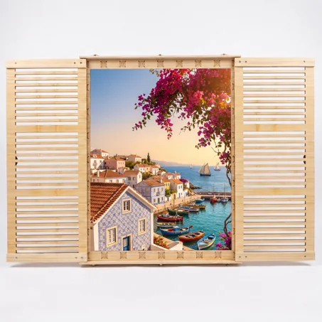 Greek Island Faux Window, 18" 24", Real Ash Wood, Openable Shutters.